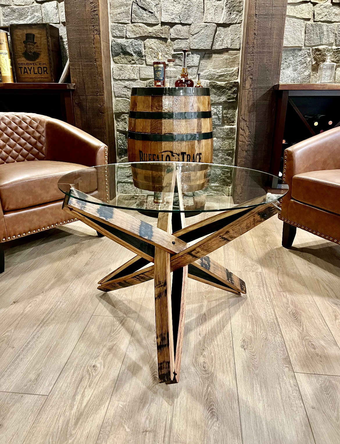 Wrought Studio™ Avilez Bourbon Barrel Stave Glass Coffee Table